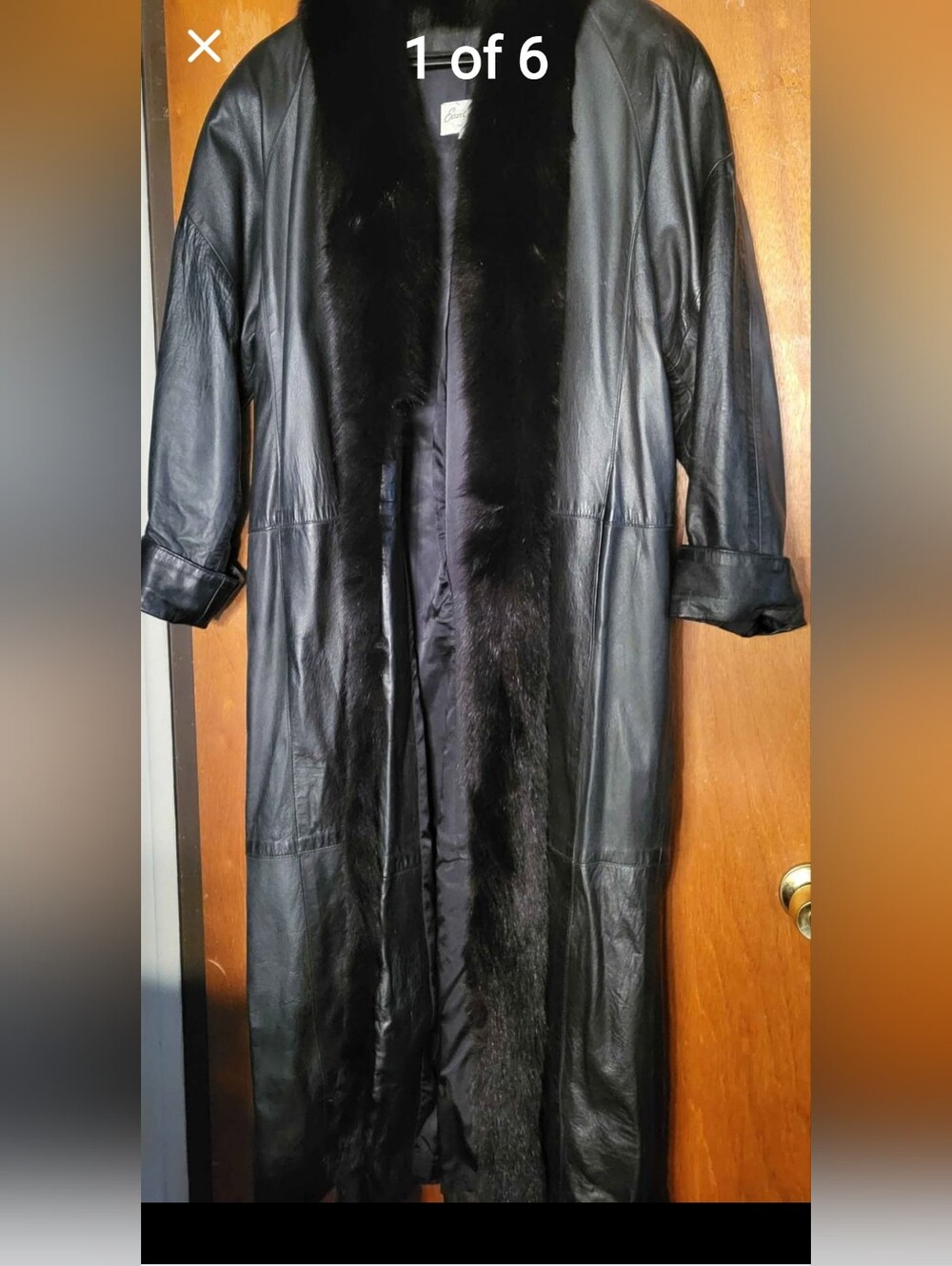 Women's Black Leather Long Coat with Black Fur Trim